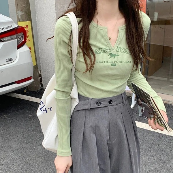 Official picture imitation cotton pit strip ins autumn open V-neck print slim fit and slim all-match short long-sleeved T-shirt women