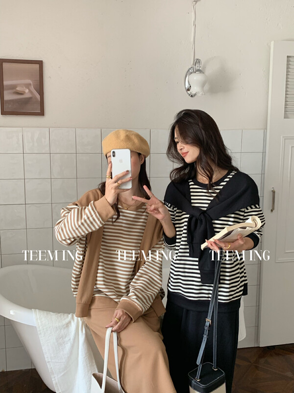 New in autumn! [TEEM ING] stitching design striped all-match sweater + elastic waist simple skirt suit 22T829# HJY