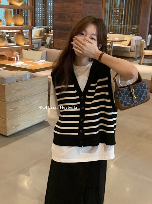 【HEY BELLA】Korean Striped Knit Vest/Suspender 9152# L