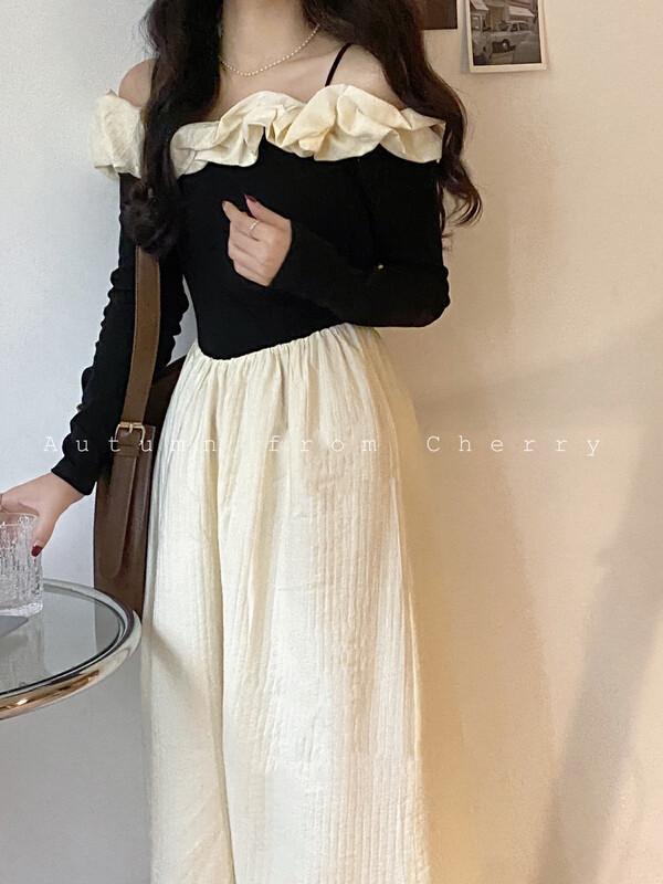 New in early autumn!【CHERRY STUDIO】One-word neck off-shoulder stitching suspender dress 6723# HBX