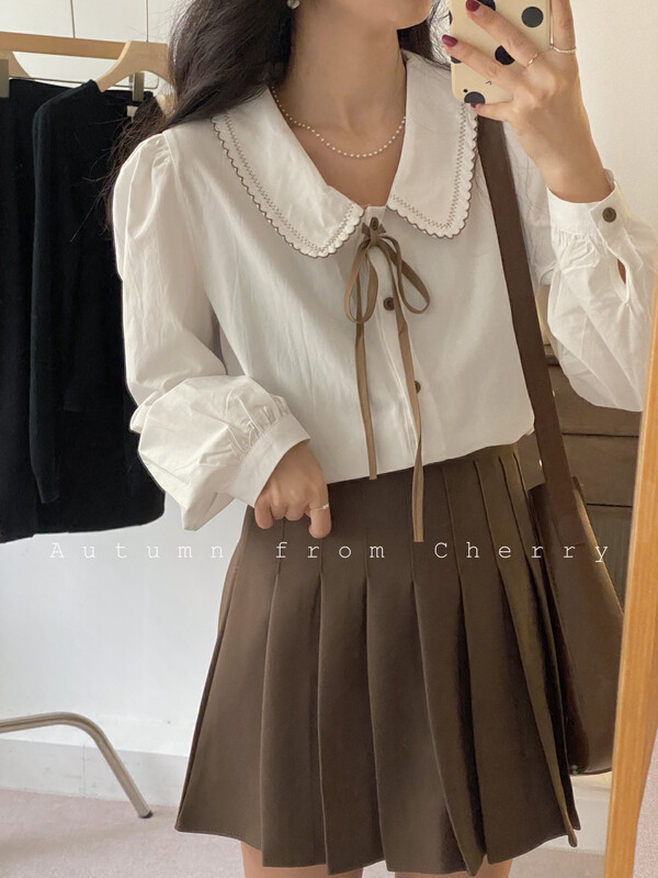 【CHERRY STUDIO】Retro preppy doll collar lapel tie shirt (with bow not removable) 6724# HBX