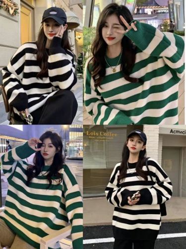 2022 new loose green striped sweater women's early autumn lazy style design niche knitted top