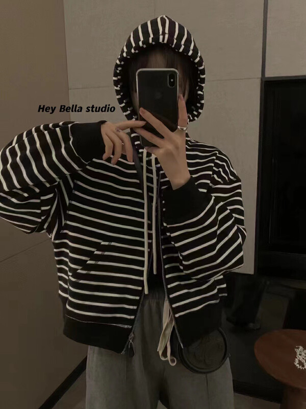 New in autumn!【HEY BELLA】Korean striped hooded sweater 1883# L