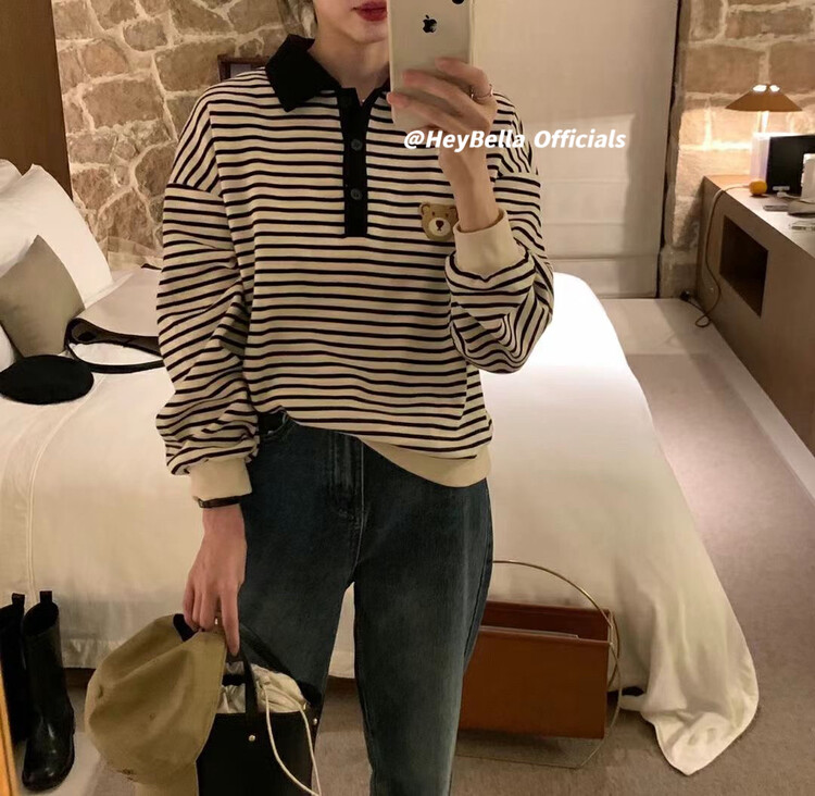 New in autumn! [HEY BELLA] Bear Comfortable Pullover Striped POLO Shirt B1878# L