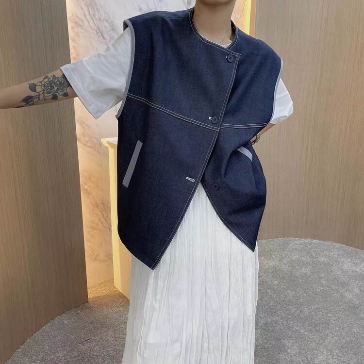 New in autumn!【MOCHA】Casual Breasted Sleeveless Colorblock Vest 679# OZQ
