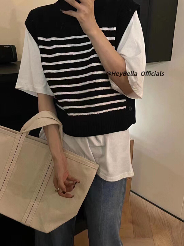 Autumn is new! [HEY BELLA] Korean version of the all-match striped sleeveless vest/sling 9167# L