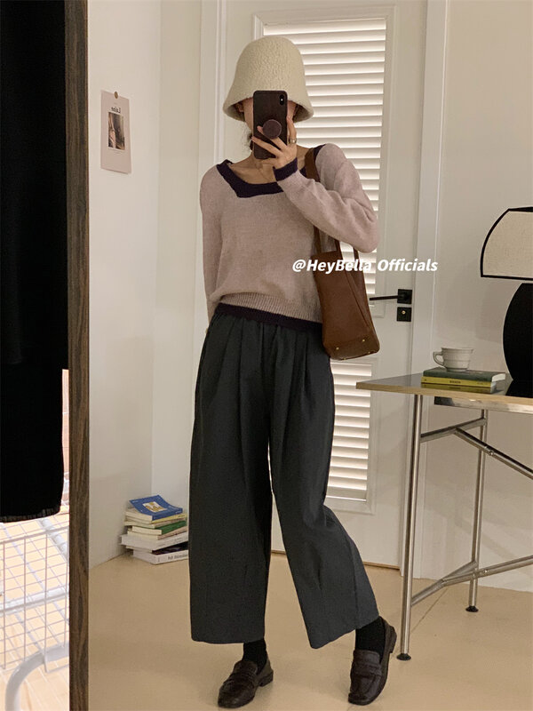 New in early autumn!【HEY BELLA】Square collar colorblock comfortable sweater B9113# L