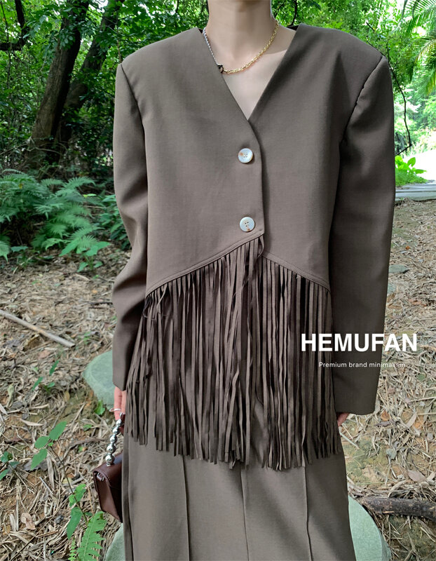 New in early autumn!【HEMUFAN】V-neck single-breasted fringed suit 5058# L