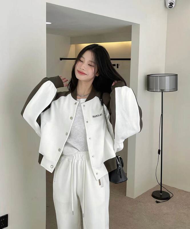 New in autumn!【MOCHA】color-blocked breasted letter short coat 9219# OZQ