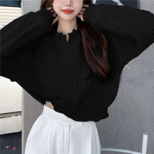 Sweater women's autumn temperament all-match coat  new Korean version design sense lantern sleeves ripped short top