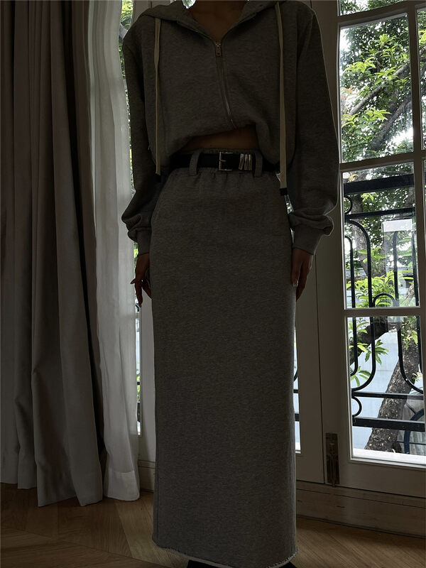 New in autumn! [TOP CLOSET] hooded zipper short jacket + loose and slim skirt suit (without belt) 9881# OZQ
