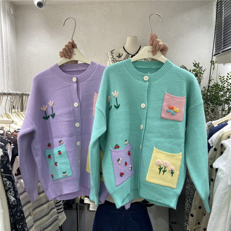 New in autumn! [HEY BELLA] round neck single-breasted color-block knitted cardigan B9207# L