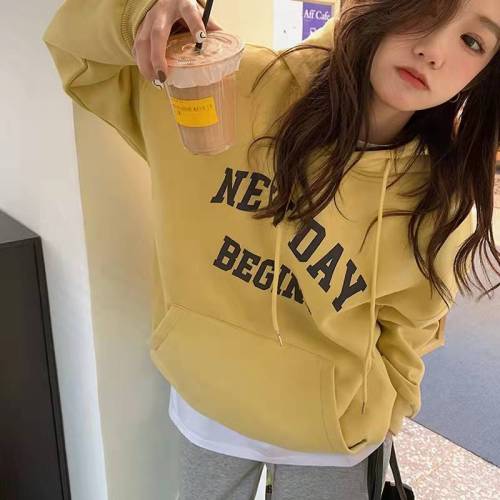 Plus velvet thickened oversize hooded sweater women's autumn and winter Korean version loose all-match bf student jacket lazy wind