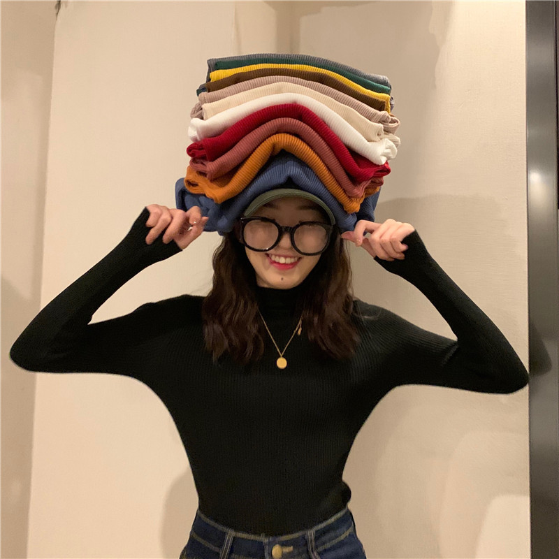 Real Price New Half Turtleneck Long Sleeve Slim Simple Pullover Knit Sweater Women 12 Colors