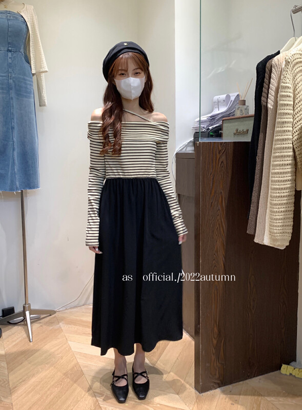 New in autumn! [AS] One-shoulder striped stitching dress 9071# HJY