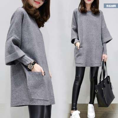 Fashion autumn new large size women's clothing fat MM loose stitching long-sleeved coat long solid color top round neck sweater