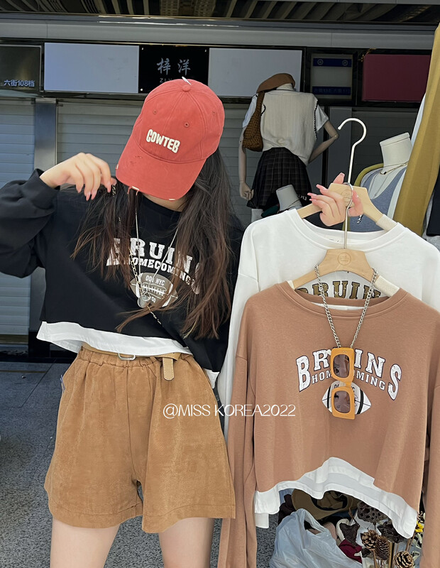 New in autumn!【MISS KOREA】Fake two-piece short sweater with personalized letters 9257# HBX