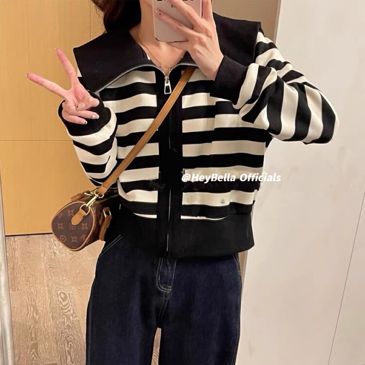 New in autumn! [HEY BELLA] Contrast color striped casual zipper short coat 1882# L