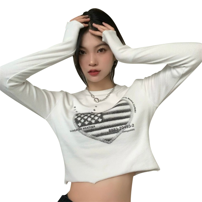 Pull-up American short round neck T-shirt chic autumn and winter hot girl slim fit navel-baring long sleeves