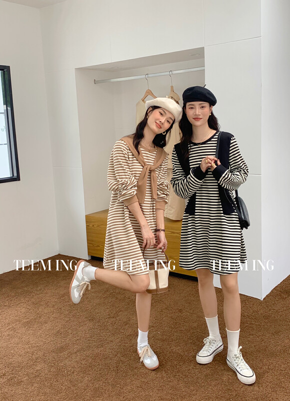 New in early autumn!【TEEM ING】Fake two-piece striped pullover dress 22T807# HJY