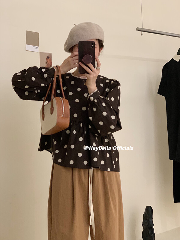 New in early autumn!【HEY BELLA】Korean version all-match polka dot lace shirt 1829# L