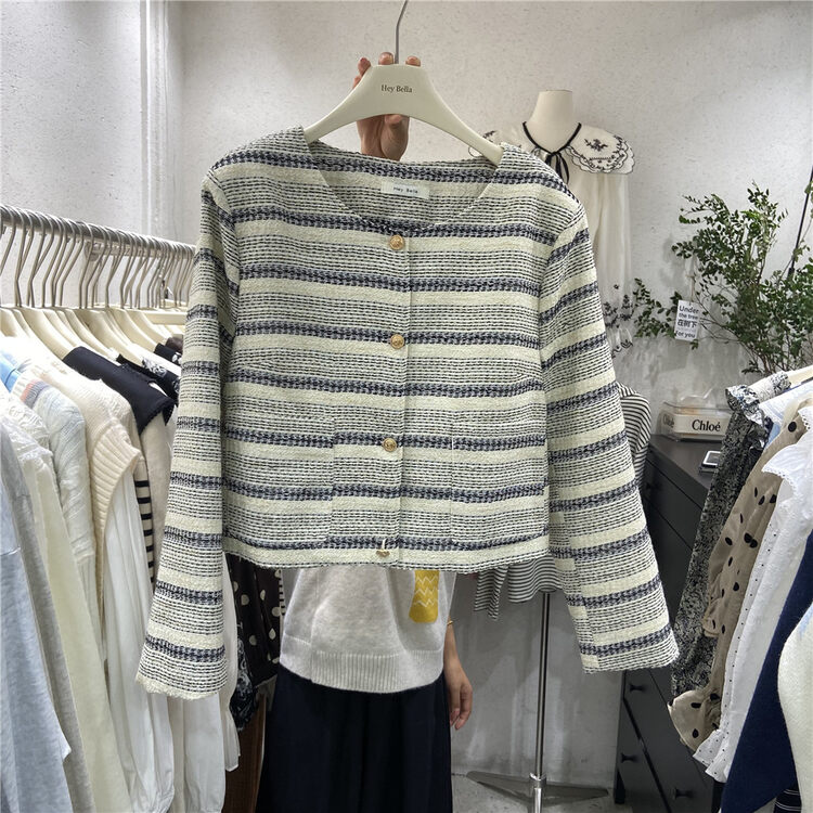 New in autumn! [HEY BELLA] round neck single-breasted striped comfortable short coat B5032# L