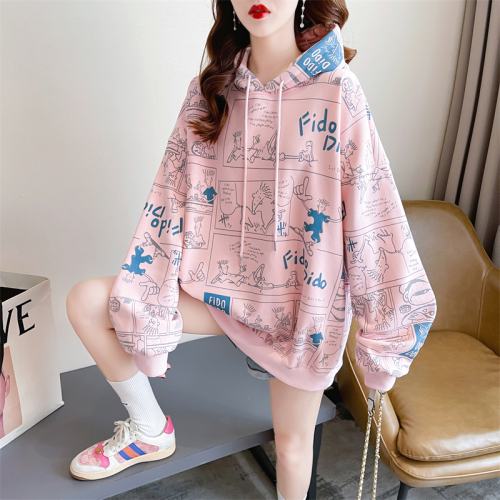 Real shot 2022 autumn new Korean version hooded letter printing loose medium and long section large size thin section sweater women