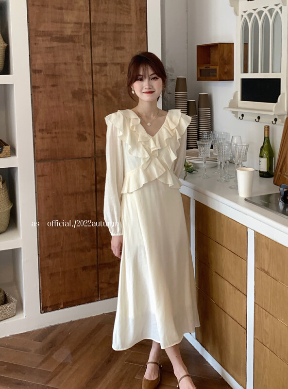 New in early autumn!【AS】v-neck lace up ruffle dress 9041# HJY