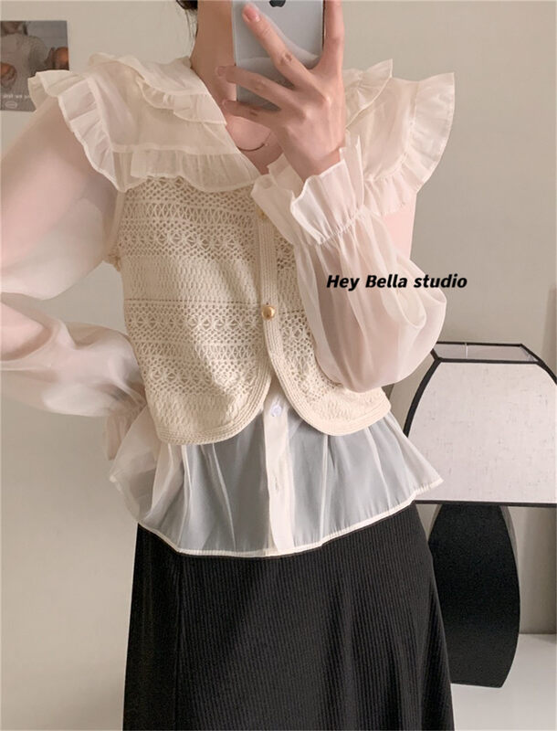 New in autumn!【HEY BELLA】Fake two-piece stitching thin shirt B5321# L