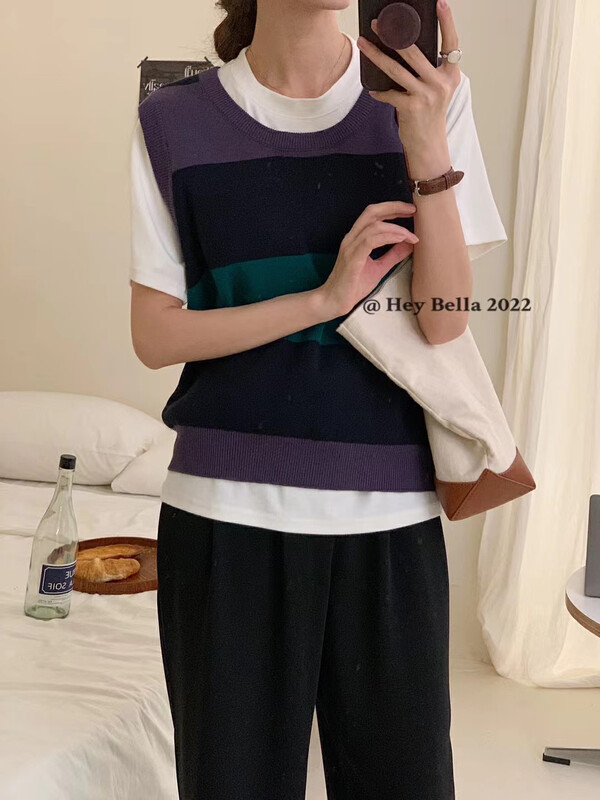 New in early autumn! [HEY BELLA] Korean striped pullover vest/sling B5306# L
