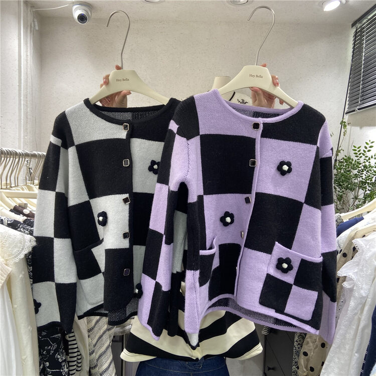 New in autumn! [HEY BELLA] Plaid double-pocket slimming knitted cardigan B9205# L