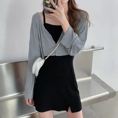 French scheming split suspender dress women's summer new black skirt slim and slim temperament little black dress