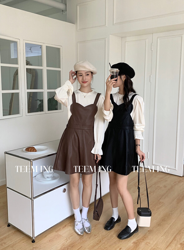 Autumn is new! [TEEM ING] Design leather strap skirt + round neck puff sleeves small shirt suit 22T858# HJY