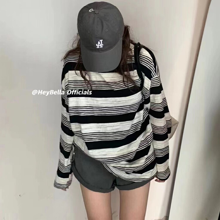 New in early autumn! [HEY BELLA] Korean loose round neck striped long-sleeved T-shirt B1868# L
