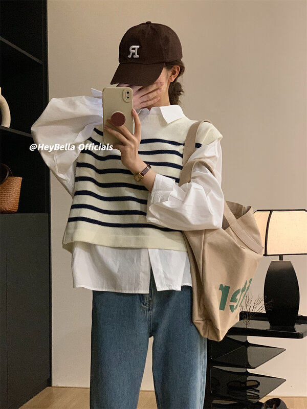 New in early autumn! [HEY BELLA] round neck striped slim vest B9112# L