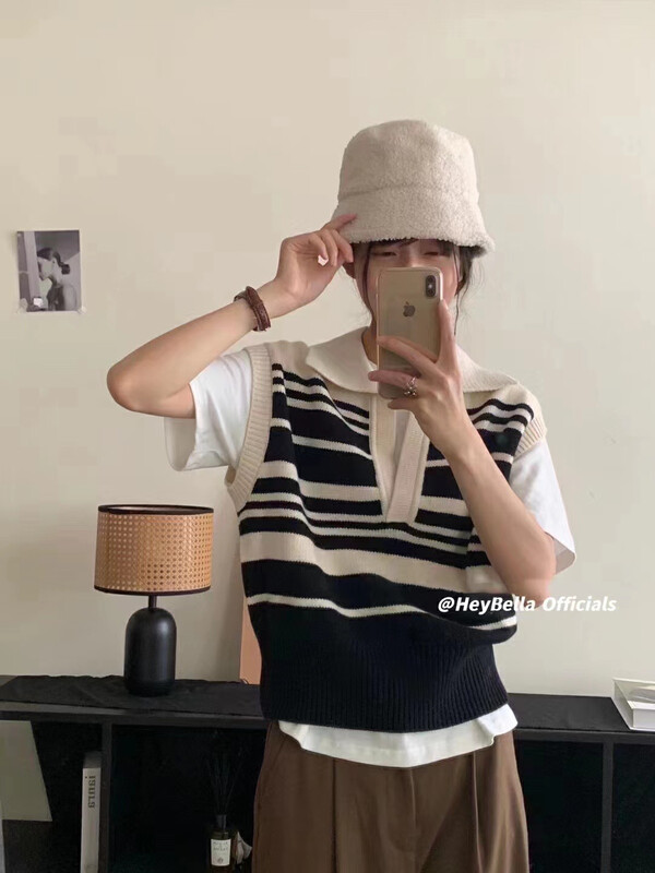 New in early autumn! [HEY BELLA] Korean striped lapel vest/sling (single vest) 9165# L