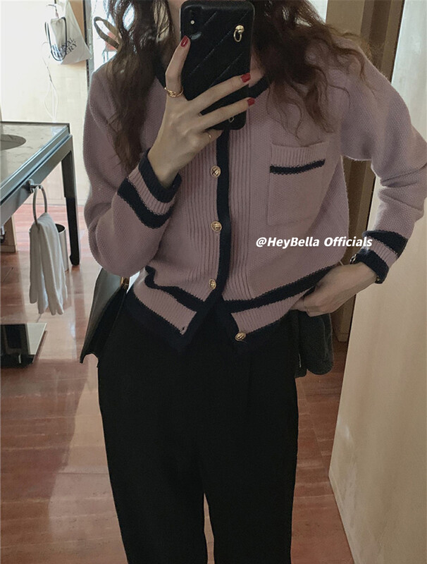 New in autumn!【HEY BELLA】Contrast color small fragrance knitted cardigan 9221# L
