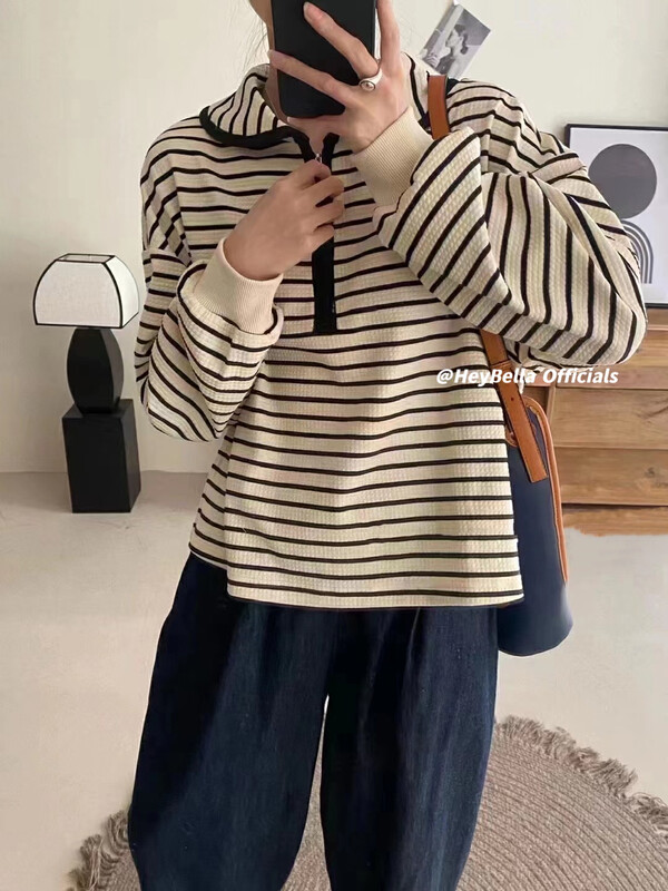 New in autumn!【HEY BELLA】Doll Collar Striped Loose Sweater 1880# L