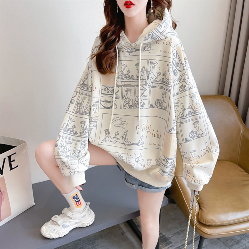 Real shot 2022 autumn new Korean version hooded letter printing loose medium and long section large size thin section sweater women
