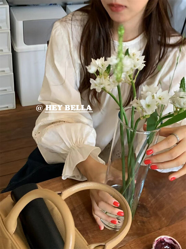 New in early autumn! [HEY BELLA] round neck texture comfortable all-match small shirt B1861# L