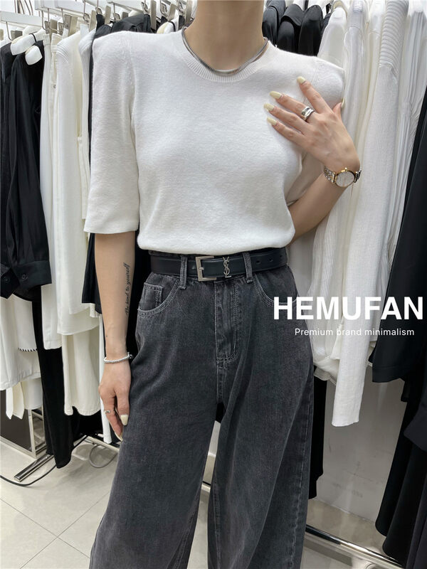 New in early autumn! [HEMUFAN] round neck short-sleeved solid color all-match knitted sweater 8061# L