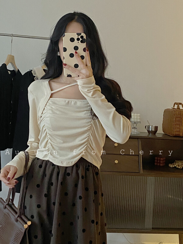 Autumn is new! [CHERRY STUDIO] pure desire wind fake two-piece side drawstring long-sleeved T-shirt 6734# HBX