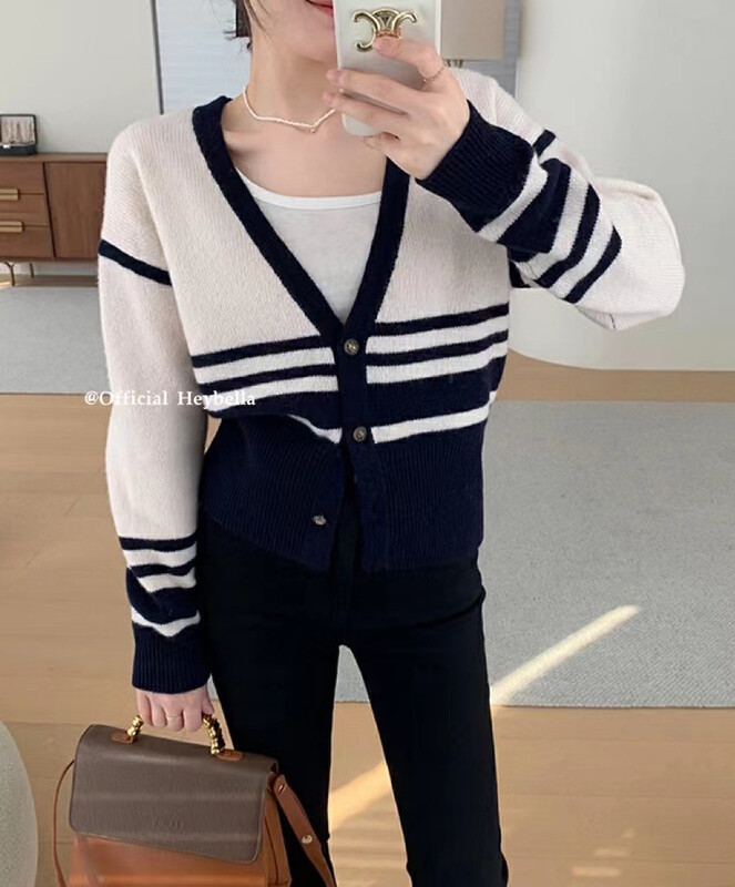 New in autumn!【HEY BELLA】V-neck contrast color versatile knitted cardigan 9115# L