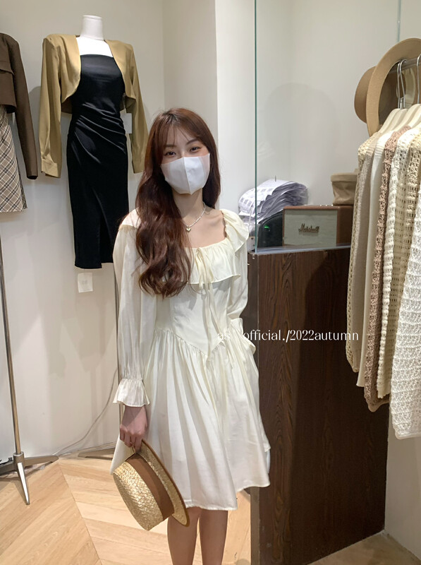 New in early autumn! [AS] Square neck ruffled waist dress 9052# HJY