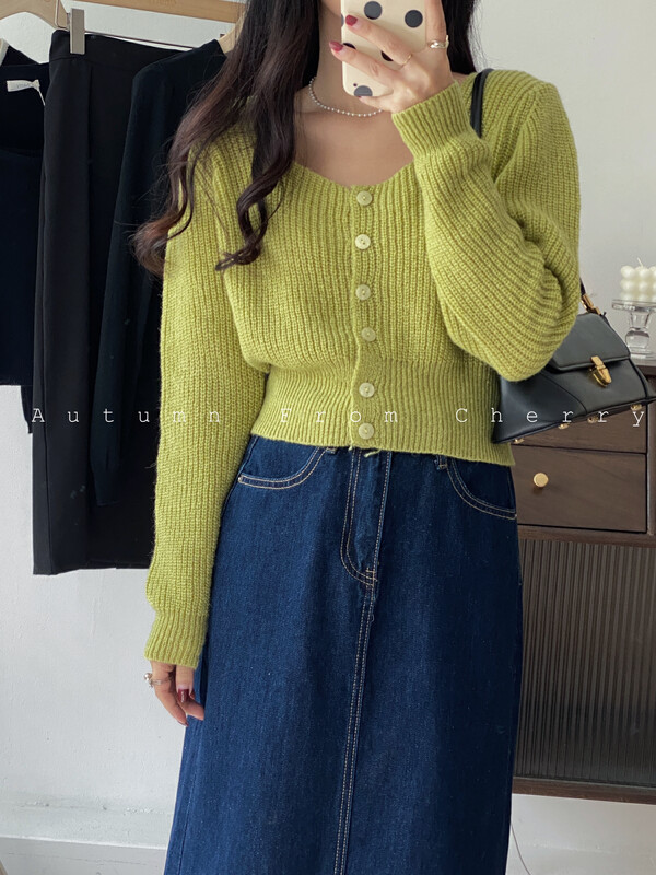 New in autumn!【CHERRY STUDIO】Simple solid color square neck short mohair sweater 6714# HBX