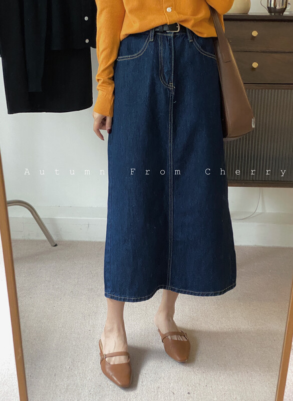New in early autumn!【CHERRY STUDIO】Fashionable slim mid-length slit denim skirt (with belt) A5010# HBX