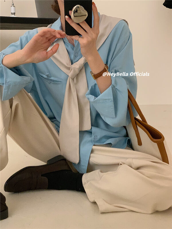New in early autumn! [HEY BELLA] Korean simple and versatile Tencel comfortable shirt (with shawl) 22025# LL