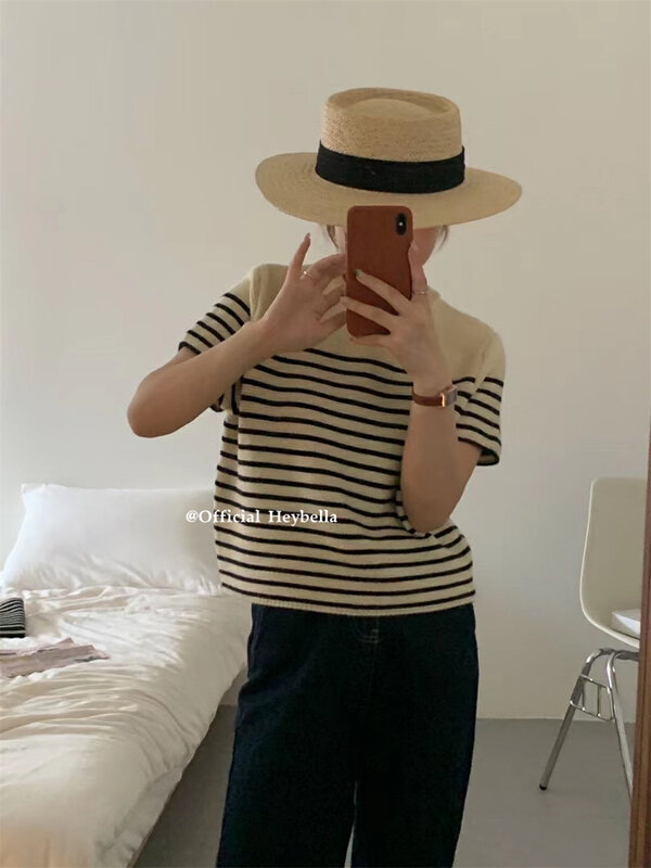 New in early autumn! [HEY BELLA] Striped thin and comfortable short-sleeved T-shirt B9147# L