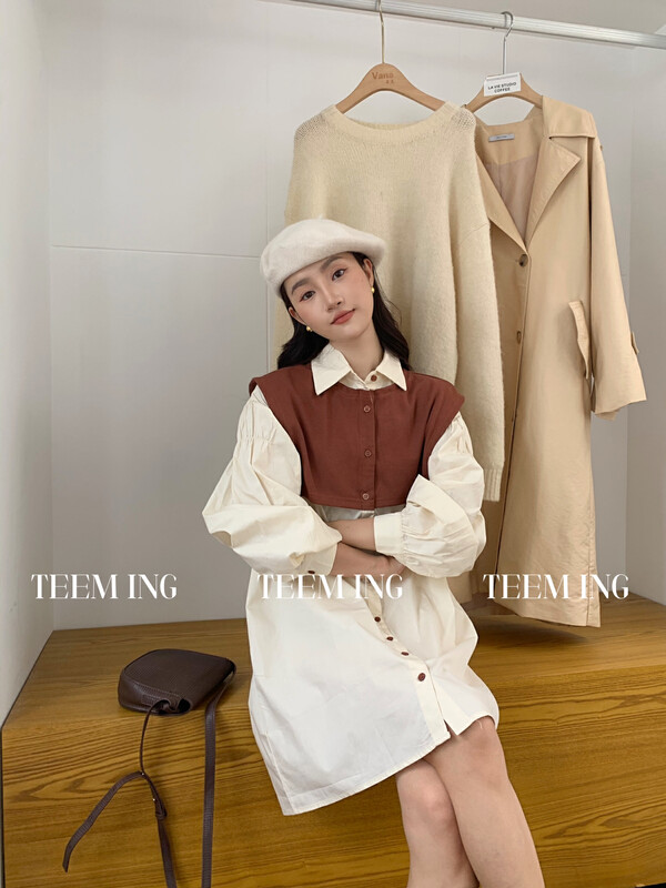 New in early autumn!【TEEM ING】Korean design fake two-piece stitching shirt dress 22T811# HJY