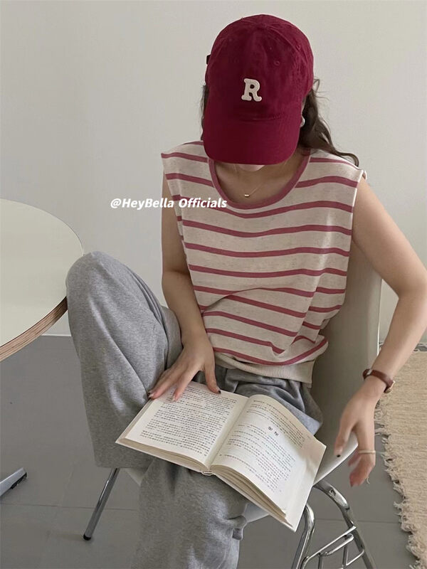 Casual [HEY BELLA] Contrast color round neck striped knitted vest/sling 9128# LL